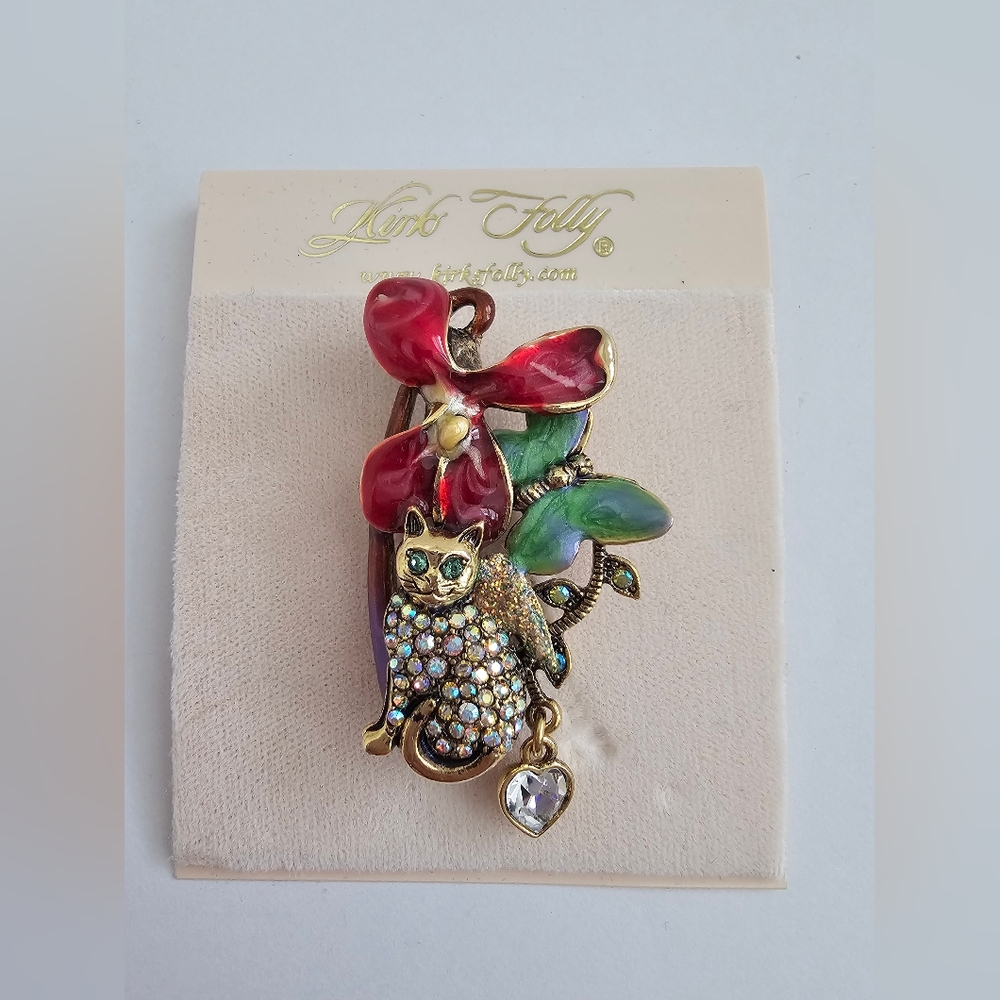 Vintage Kirks Folly Whimsical Cat & Orchid Brooch – Heart Dangle – AB Crystals